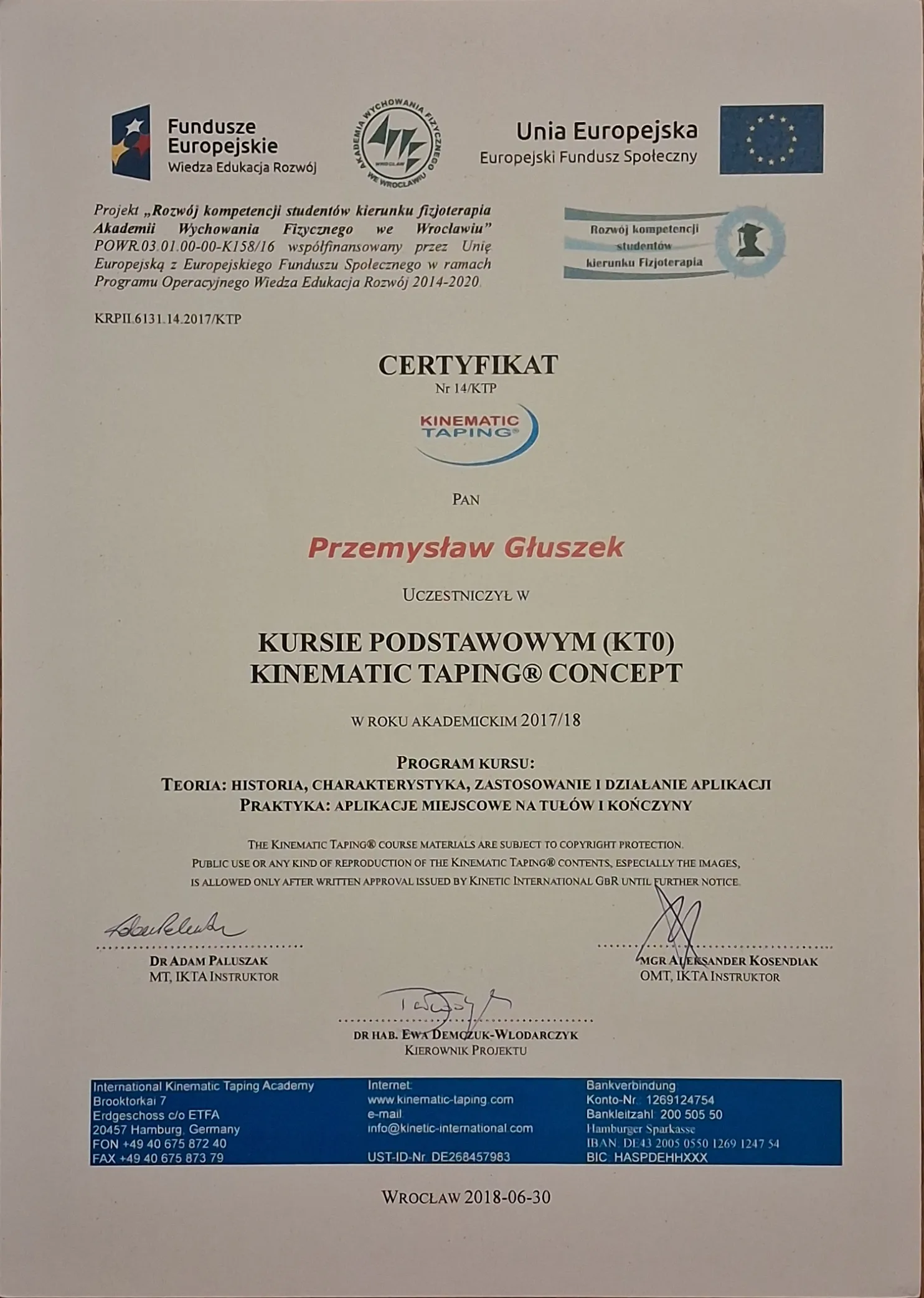 Certyfikat terapii manualnej